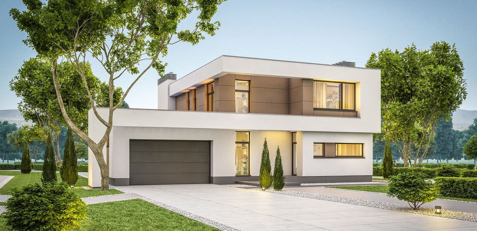 697705574 3d rendering of modern cozy house summer evening